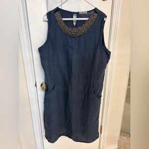 Lungo L’Arno Made in Italy 100%Linen Pullover PreOwn Dress Beaded Collar Size 1X